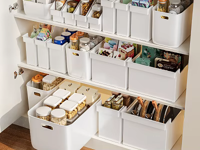Kitchen Storage Organizer Set with White Bins Drawers in Cabinets Holding Food Spices Utensils 3d model