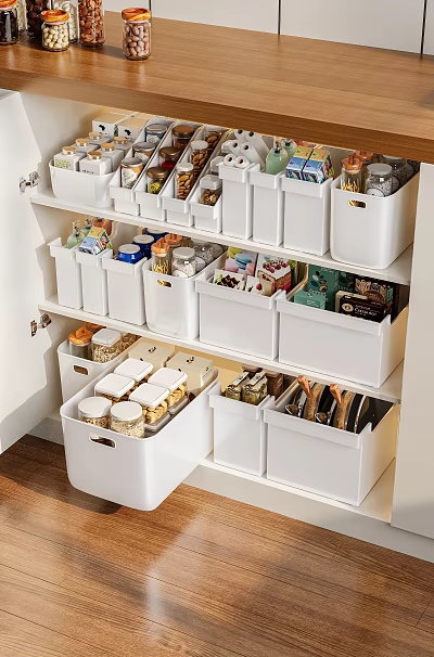 Kitchen Storage Organizer Set with White Bins Drawers in Cabinets Holding Food Spices Utensils 3d model