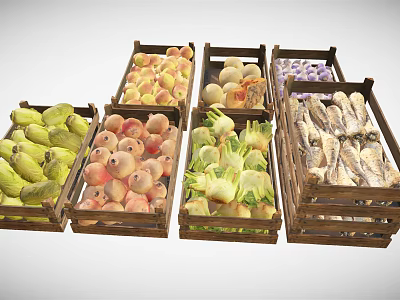 Assorted Fresh Fruits Vegetables and Fish in Wooden Crates for Daily Living Supplies 3d model