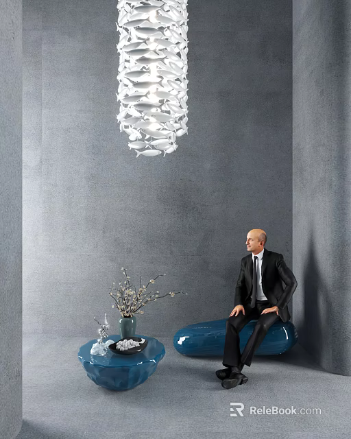 Stylish Coffee Table With Decorative Vase Ornaments Beside Blue Sofa In Gray Wall Room 3d model 