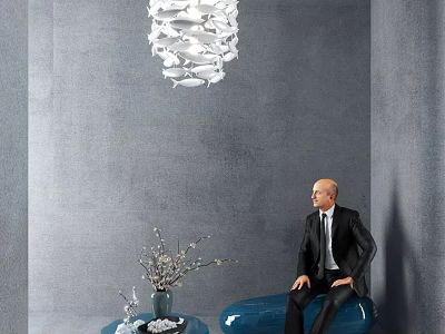 Stylish Coffee Table With Decorative Vase Ornaments Beside Blue Sofa In Gray Wall Room 3d model