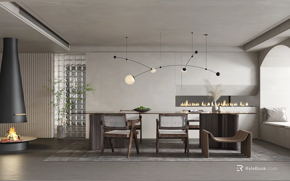 Modern Restaurant Interior With Open Kitchen Design Dining Table Chairs And Pendant Lights 3d model