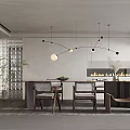 Modern Restaurant Interior With Open Kitchen Design Dining Table Chairs And Pendant Lights 3d model
