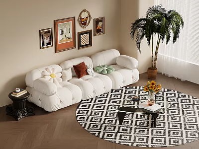 Beige Living Room With Cloud Sofa Decorative Paintings Round Mirror Black Rug And Green Plant 3d model