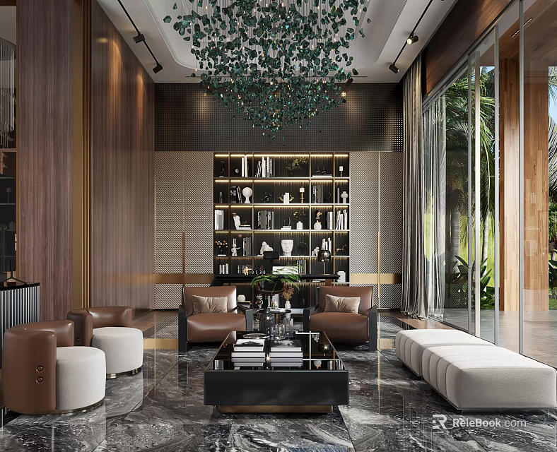 Modern Study Room Interior Design With Wooden Bookshelves Chandelier Sofa And Marble Floor 3d model 