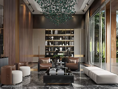 Modern Study Room Interior Design With Wooden Bookshelves Chandelier Sofa And Marble Floor 3d model