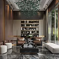 Modern Study Room Interior Design With Wooden Bookshelves Chandelier Sofa And Marble Floor