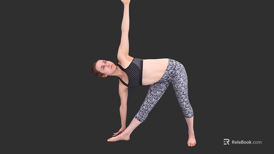 Woman practicing yoga in black sports bra and patterned leggings with raised arm in side bend 3d model 