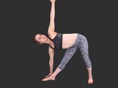 Woman practicing yoga in black sports bra and patterned leggings with raised arm in side bend 3d model