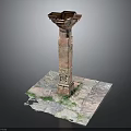 Ancient Carved Column With Ornate Top Square Base And Green Spotted Textured Platform