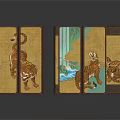 Decorative Traditional Wooden Room Dividers With Tiger Motifs And Oriental Artwork