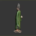 Ancient Terracotta Figurine In Green Robe With Hat And Standing Posture On Base