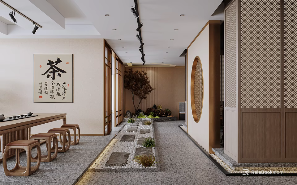 Traditional Chinese Tea Restaurant With Wooden Tables Stone Path Greenery Round Window And Lattice Partition 3d model 