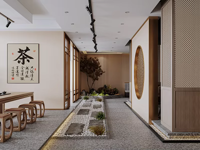 Traditional Chinese Tea Restaurant With Wooden Tables Stone Path Greenery Round Window And Lattice Partition 3d model