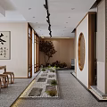 Traditional Chinese Tea Restaurant With Wooden Tables Stone Path Greenery Round Window And Lattice Partition