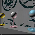 Colorful Round Table Lamps in Yellow Pink Blue with Modern Black Patterned Wall Design