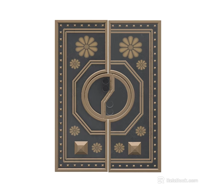 Double Doors With Decorative Floral Patterns Geometric Elements And Rivet Details 3d model 