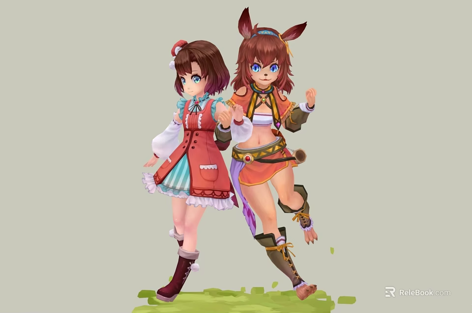 Two Game Anime Characters In Colorful Distinctive Costumes 3d model 