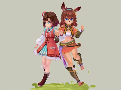 Two Game Anime Characters In Colorful Distinctive Costumes 3d model