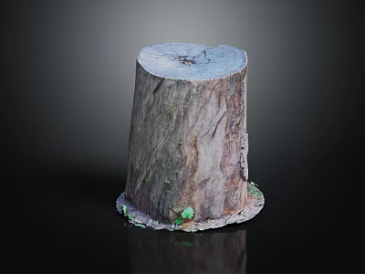 Natural Wooden Stump Decor with Stone Textured Base and Green Moss Details 3d model
