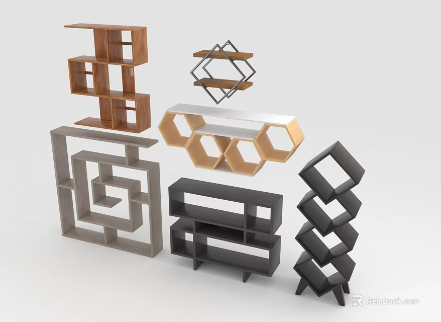 Various Modern Geometric Design Shelving Units in Wooden Black and Grey Colors 3d model 