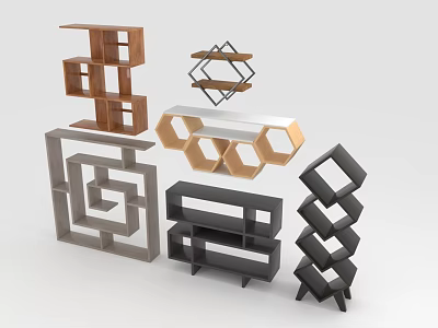 Various Modern Geometric Design Shelving Units in Wooden Black and Grey Colors 3d model