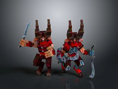 Two Men in Red Warrior Armor with Horned Helmets Holding Swords and Staffs 3d model
