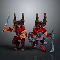 Two Men in Red Warrior Armor with Horned Helmets Holding Swords and Staffs