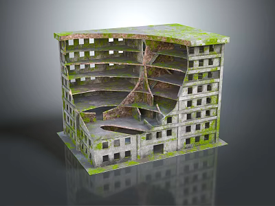 Abandoned Multi Story Building Structure With Moss Covered Walls And Broken Windows 3d model