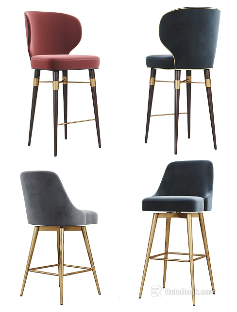 Modern Stylish Velvet Bar Stools With Golden Legs In Gray Blue Red Tones 3d model 