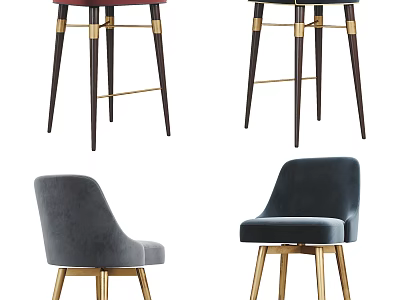 Modern Stylish Velvet Bar Stools With Golden Legs In Gray Blue Red Tones 3d model