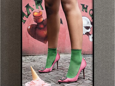 Figure Painting Featuring Female Legs Green Socks Pink High Heels and Pink Ice Cream Cone 3d model