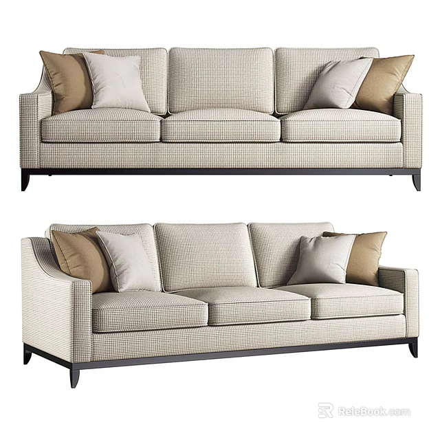 Modern Beige Three Seater Sofa with Brown Cushions Check Texture and Dark Legs 3d model 