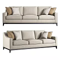 Modern Beige Three Seater Sofa with Brown Cushions Check Texture and Dark Legs