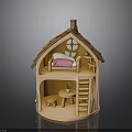 Wooden Miniature Dollhouse With Upper Bed Pink Mattress Ladder And Lower Table Stool