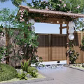 Delightful Garden Ornament With Vine Covered Roof Bamboo Gate Hanging Lanterns Pink Flowers And Greenery