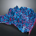 Vibrant Abstract Landscape with Blue and Pink Polyhedral Terrain and Geometric Patterns
