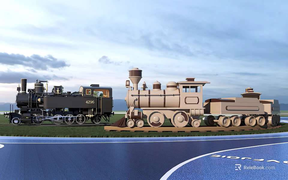 Garden Decor Train Models In Black And Light Color Placed On Grassland With Blue Sky 3d model 