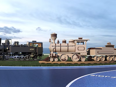 Garden Decor Train Models In Black And Light Color Placed On Grassland With Blue Sky 3d model