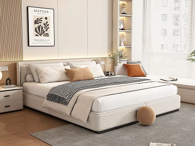 Modern Double Bed with Soft Headboard Decorative Pillows Nightstand and City View Window 3d model