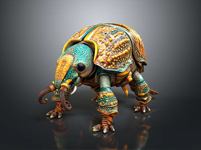 Fantasy Creature Character Featuring Elephant Beetle Hybrid With Blue Yellow Intricate Exoskeleton 3d model