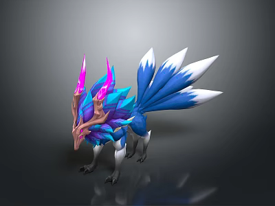 Fantasy Creature 3D Model With Blue White Feathers And Pink Purple Horns 3d model