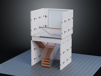 Wooden Staircase with Handrail in Two Story Interior White Wall Model Structure Design 3d model