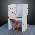 Wooden Staircase with Handrail in Two Story Interior White Wall Model Structure Design