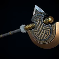 Medieval Battle Axe With Golden Head Intricate Patterns Gray Handle And Decorative Metal Rings
