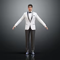 Male Model In White Suit With Black Bow Tie Standing Pose Arms Outstretched