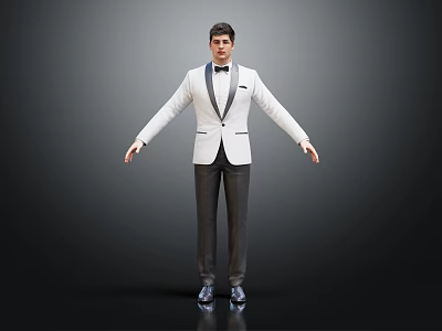 Male Model In White Suit With Black Bow Tie Standing Pose Arms Outstretched 3d model