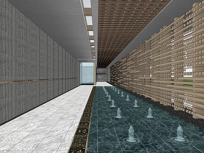 Elevator Corridor With Wooden Lattice Ceiling Stone Walls And Water Pool Fountains 3d model
