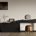 Modern Black Dressing Table With Round Mirror Leather Brown Stool And Drawers 3d model