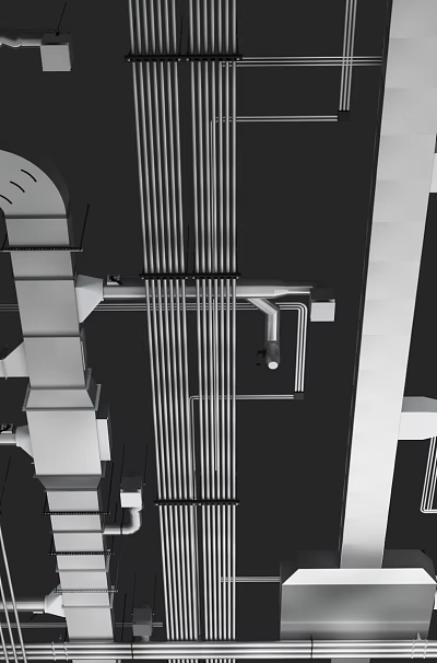 Industrial Metal Piping System with Structural Framework in Building Construction Layout 3d model